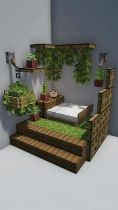 a bed sitting in the middle of a room with plants growing on it's headboard