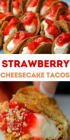 strawberry cheesecake tacos with whipped cream and strawberries in the middle on top