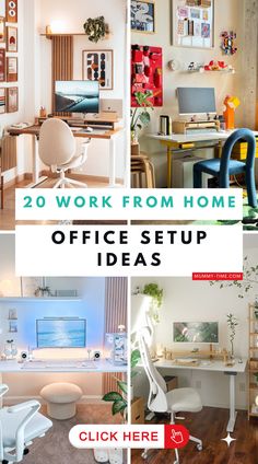 office setup ideas for work from home with pictures and text overlaying the image