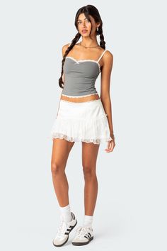 Alara Lace Trim Tank Top – edikted White Lace Skirt Outfit, Lace Tank Tops Outfit, Mini Skirts Outfits Summer, Skirt Outfit Summer, Visionary Fashion, White Lace Tank Top, White Lace Skirt, Lace Trim Tank Top, Color Blocking Outfits