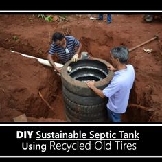 two men working on an old tire in the dirt with words describing how to use it