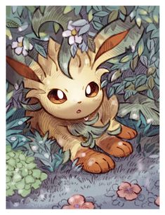 an animal with big eyes sitting on the ground in front of some plants and flowers