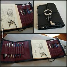 an open notebook with various items in it and some writing utensils on the cover