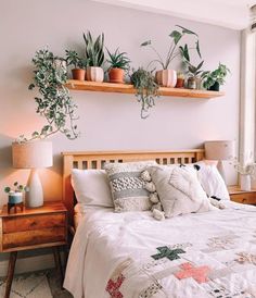 a bed with two plants on the wall above it