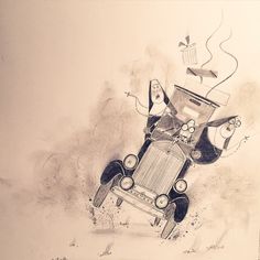 a drawing of a car with a person riding on it's back in the air