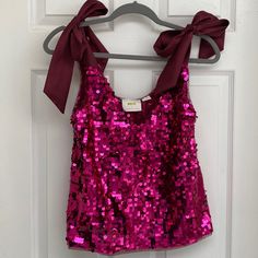 Hot Pink Sequin Tank, Silk Tie Straps Can Be Adjusted. No Sequins Missing, Bnwt Sequin Tank, Anthropologie Top, Pink Sequin, Silk Ties, Hot Pink, Anthropologie, Sequin, Womens Tops, Silk