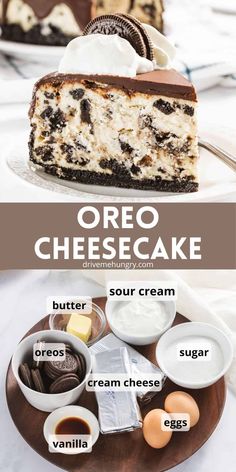 an oreo cheesecake on a plate with ingredients to make it