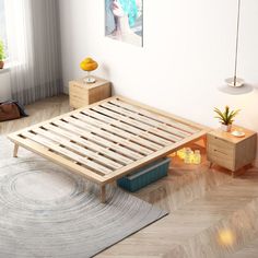 a bed with wooden slats in a room