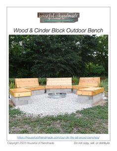 an outdoor fire pit made out of cinder blocks and wooden benches with text overlay that reads wood & cinder block outdoor bench