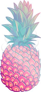 a drawing of a pineapple with pink and green leaves on it's side