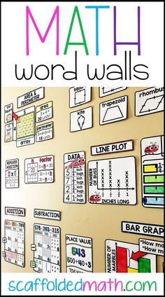 a bulletin board with words and pictures on it that say math word walls in different colors