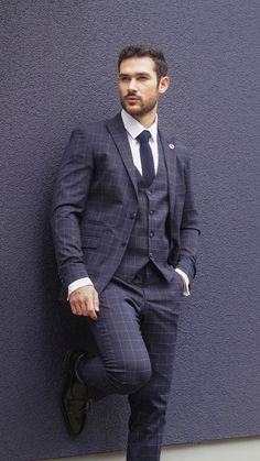 NAVY CHECKED TAILORED FIT SUIT Check Suit Men, Suits Office, Interview Suits, Suit Navy Blue, Men In Suits, Check Suit, Checked Suit, Navy Blue Suit, Three Piece Suit