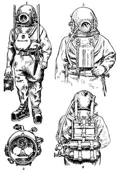 three different types of diving gear, including an oxygen mask and scuba suit with two divers