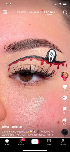 Scream Makeup Simple, Ghost Face Makeup Ideas, Subtle Halloween Eye Makeup, Ghost Face Eye Makeup, Ghostface Eye Makeup, Ghost Face Eyeliner, Ghost Face Face Paint, Scream Make Up Looks Easy