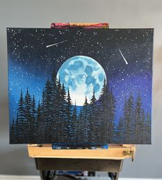 Night Time Tree Painting, Painting Ideas Moon Night Skies, Moon And Trees Painting, Moon Forest Painting, Paint Night Themes, Nighttime Paintings Easy, Painting Ideas On Canvas Moon, Moonscape Painting, Painting Ideas Night