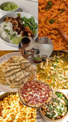 a collage of different types of pasta and other foods in bowls, plates, and pans