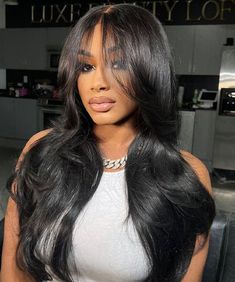 Product Details Brand: Karlami Hair Hair Material: 100% Human Hair Style: Straight Hair Color: Natural Color Density: Natural 150% density & Full 180% density Lace Area: 13x4 Full Lace Frontal Wig / Upgraded 5x5 Lace Wear Go Wig / 13x6 Deep part Lace Wig Lace Type: Transparent lace,melt down perfectly,match all skins Hairline: Super Natural-looking Pre-Plucked Hairline with Baby Hair Cap Size: Average size 22.5 inches, multiple clips & an adjustable band inside the wig for a secure fit Can Be Dy Curtain Bangs Lace Front Wig, Curtain Bangs Long Hair Layers Wig, Straight Bangs With Long Hair Black, Sewin Hairstyles, Style Straight Hair, Long Black Wig With Bangs, Straight Wig With Bangs, Haircut Straight, Pretty Wigs