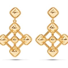 Finding beauty in the shapes of nature — from the circles in tree trunks to the tip of a star —this pair of geometric earrings articulate the perspective that life is art, with their square dance of intersecting lines and right angles done in bright gold that shimmers like the heavens. Elegant Yellow Gold Geometric Earrings, Elegant Geometric Pierced Earrings, Gold Geometric Earrings For Formal Occasions, Elegant Geometric Gold Earrings, Elegant Gold Geometric Earrings, Gold Square Metal Earrings, Life Is Art, Intersecting Lines, Square Dance