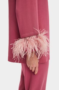 Feather Pajamas, Designer Pajamas, Chic Loungewear, Light Burgundy, Shirt And Pants Set, Ostrich Feather Trim, Pink Feathers, Valentino Women, Fitted Suit