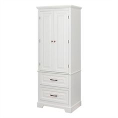 a tall white cabinet with drawers on the bottom and two doors in the middle, against a white background