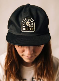 The days of being served decaf by mistake will soon be a thing of the past with this vintage workwear 5-panel hat. Perfect for any coffee enthusiast, the unisex unstructured cap is made of 100% organic cotton and features an adjustable fabric strap for a comfortable fit. Features: 100% High-Quality Organic Cotton Embroidered Felt Patch Adjustable Strap Brass Buckle Closure with Debossed Pyknic Logo Available in Black One Size Fits All Embroidered Felt Patch, Vintage Baseball Cap, Vintage Style Hat, Felt Patch, Womens Hats, Mens Hat, Vintage Baseball Caps, Embroidered Felt, 5 Panel Hat