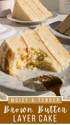 a slice of brown butter layer cake on a plate