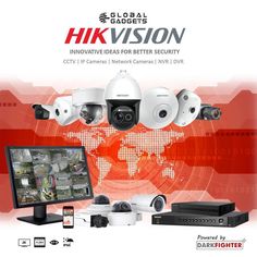 an advertisement for the global security company with cameras and laptops on display in front of a world map