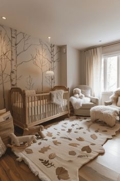 a baby's room is decorated in neutral colors and features an animal rug on the floor