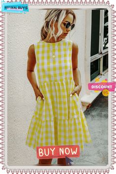 Fashion Round Neck Plaid Loose Female Plaid Dress Cake Skirt Casual Plaid A-line Dress, Casual Sleeveless Patchwork Mini Dress, Yellow Patchwork Summer Dresses, Casual Sleeveless Mini Dress With Patchwork, Yellow Summer Dresses With Patchwork, Casual Sleeveless Dress For Spring Picnic, Summer Mini Length Patchwork Dresses, Casual Cotton Patchwork Sleeveless Dress, Casual Cotton Sleeveless Dress With Patchwork