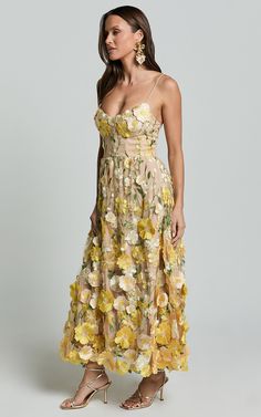 Amalie The Label - Mia Strappy Flower Detail Midi Dress in Yellow Summer Wedding Midi Dress With Floral Embroidery, Summer Floral Dress With Applique For Garden Party, Spring Floral Applique Midi Dress For Garden Party, Floral Applique Dress For Summer Garden Party, Summer Floral Applique Dress For Garden Party, Elegant Yellow Floral Dress For Garden Party, Beige Floral Embroidered Midi Dress For Spring, Beige Floral Embroidery Midi Dress For Spring, Summer Midi Dress With Floral Applique