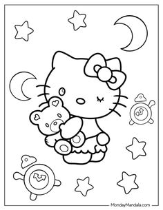 a hello kitty coloring page with stars and moon