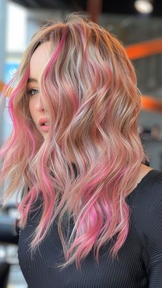 Stunning Strands: 25 Hair Highlight Ideas for a Gorgeous Style Cute Ways To Dye Blonde Hair, Blonde With Accent Color, Blonde Hair Ideas With Color, Bright Color Highlights For Blondes, Hair Color Ideas Pink Highlights, Rainbow Highlights In Blonde Hair, Girls Hair Dye Ideas, Pink And Blonde Hair Ideas, Pink With Blonde Highlights