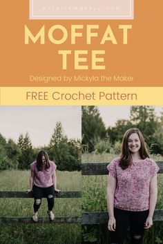 a woman standing in front of a fence with the text moffat tee designed by mick