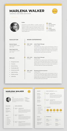 two page resume template with yellow accents on the front and back, one in white