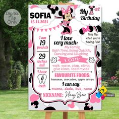 a minnie mouse birthday party sign on a wooden easel in front of some grass