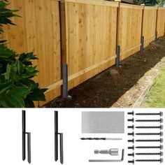 the fence is made from wood and has several different types of tools attached to it