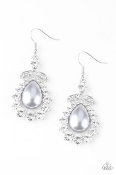 Gradually increasing in size near the center, glassy white rhinestones join around a pearly silver teardrop center. A solitaire white rhinestone and leafy silver frame crown the top of the frame for a glamorous finish. Earring attaches to a standard fishhook fitting.

 Sold as one pair of earrings. Fish Hook Earrings, Paparazzi Accessories, White Rhinestone, Paparazzi Jewelry, Jewelry Business, Silver Frame, Silver Pearls, Matching Earrings, Pearl White