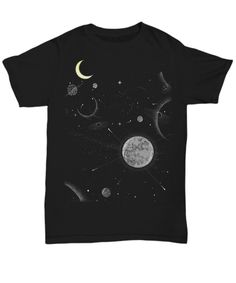 - Printed, Made, And Shipped From The USA.  - Double-needle stitched. Celestial Moon Print Crew Neck T-shirt, Space-themed Graphic Crew Neck Tops, Space-themed Short Sleeve Top With Graphic Print, Space-themed Graphic Print Short Sleeve Tops, Black Cotton Space-themed T-shirt, Black Cotton T-shirt With Space Theme, Space-themed Short Sleeve Screen Print Top, Space-themed Screen Print Short Sleeve Top, Black Short Sleeve Space-themed Tops