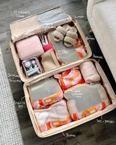 an open suitcase filled with personal items labeled