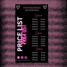 a black and pink business card with the words price list written on it's side