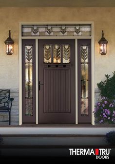 therma tru doors are shown in front of a house with purple flowers and bench