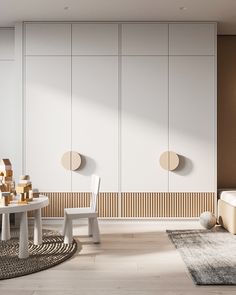 a white table and chairs in a room with wooden paneling on the wall behind it