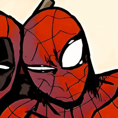 a close up of a spiderman face on a white and red background with black lines