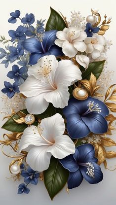 blue and white flowers with gold leaves