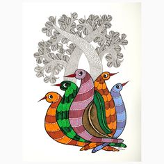 three colorful birds sitting next to each other under a tree with leaves on the branches