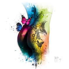 an abstract painting with butterflies on it's back and colorful paint splatters