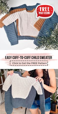 a woman holding up a sweater with the text easy cut - to - off child sweater