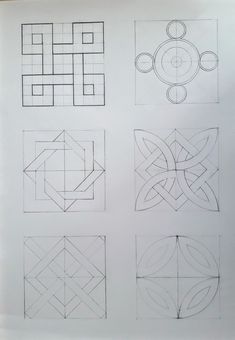 four different types of geometric designs drawn on paper