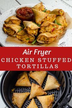 air fryer chicken stuffed tortillas in a basket with sauce on the side