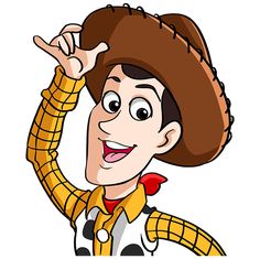 a cartoon character wearing a cowboy hat and holding his hand up to the side while smiling